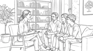 Terapia familiar em Formosa. Um casal e um adolescente sentados em um sofá à frente. Consultório acolhedor.