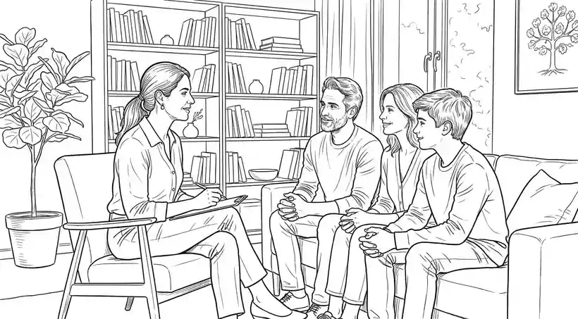 Terapia familiar em Formosa. Um casal e um adolescente sentados em um sofá à frente. Consultório acolhedor.